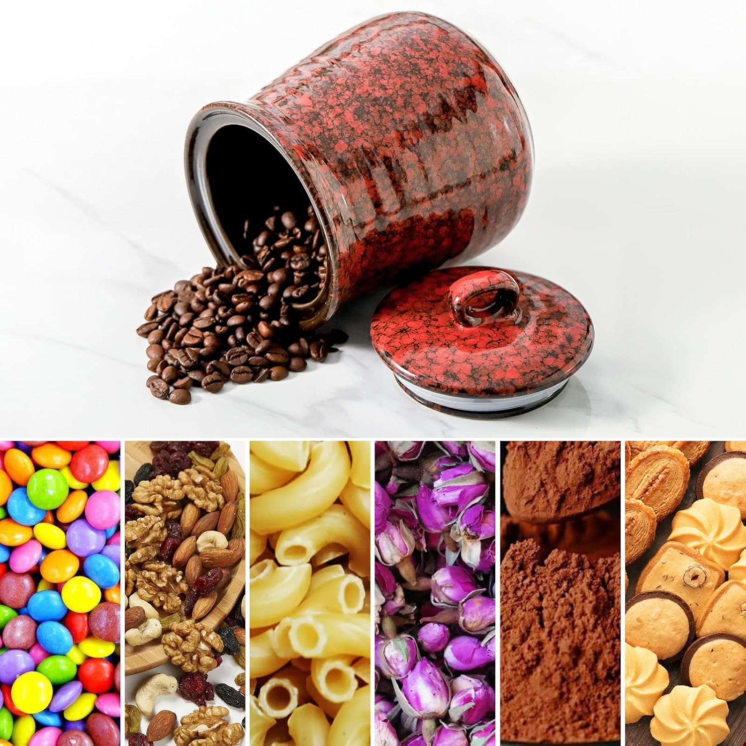 Hasense Ceramic Food Storage Jar, Coffee Canister with Lid, Cookie Candy Jar for Kitchen and Home, Serving for Dog Treat Sugar Loose Tea Flour Coffee Beans, 30 FL OZ(Red)