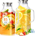 Honeydak 2 Pack 2.5 Liters 85 oz Square Glass Pitcher with Lid and Handle, Glass Water Jars Carafe Jug for Hot/Cold Drinks, Tea, Beverages, Parties and Picnics