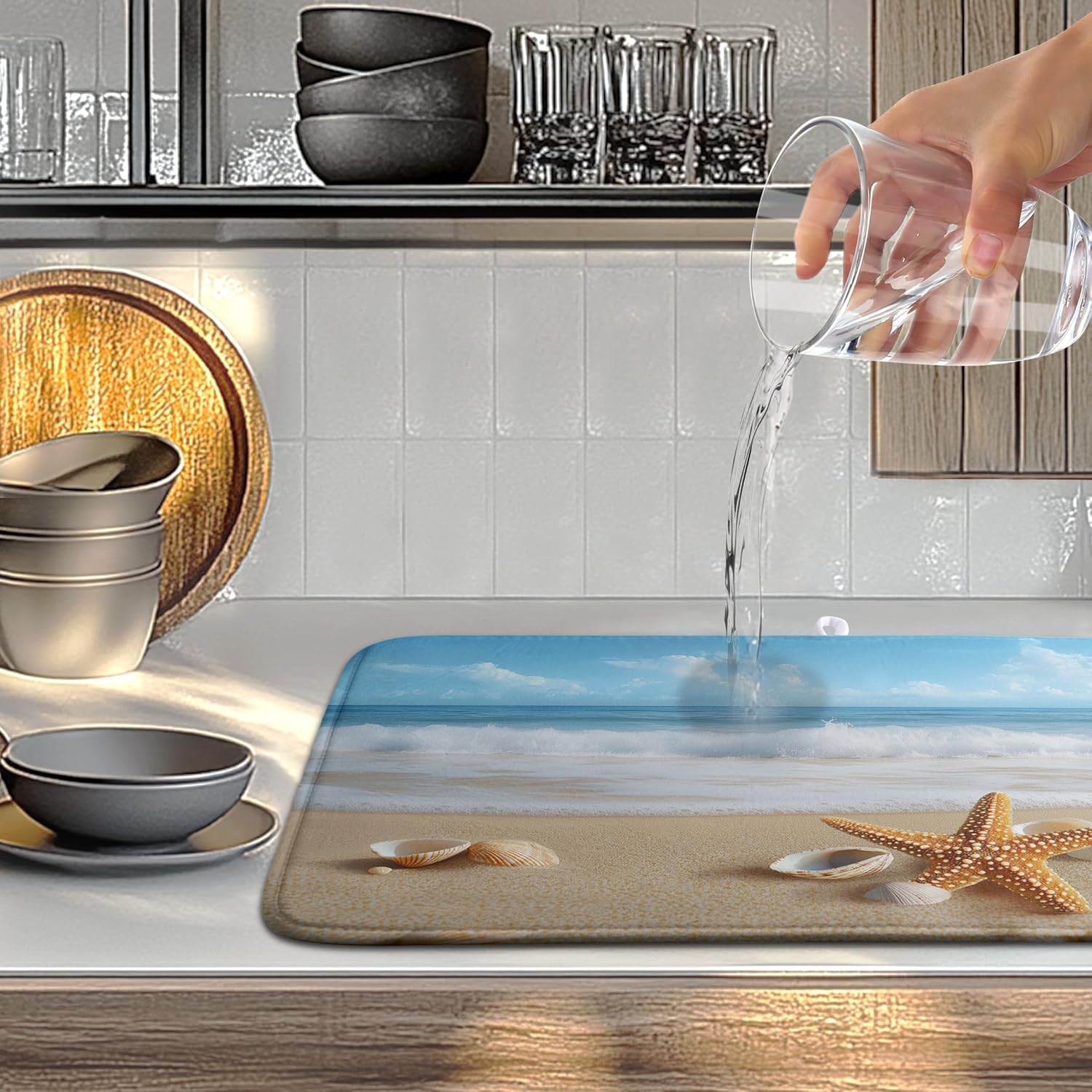 Summer Ocean Beach Blue Dish Drying Mat Sea Shell Starfish Large Kitchen Mat Dish Drying Pad Absorbent Dish Dryer Mat for Kitchen Countertops Microfiber Drainer Pad Dish Drying Rack Mat (18x24 in)