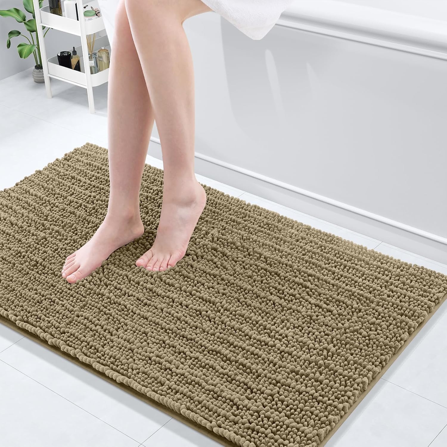 Arotive Luxury Chenille Bathroom Rug Mat, Extra Soft Thick Absorbent Shaggy Bath Rugs, Non-Slip Machine Wash Dry, Plush Bath Mats for Bathroom, Shower and Tub, 44x24, Camel