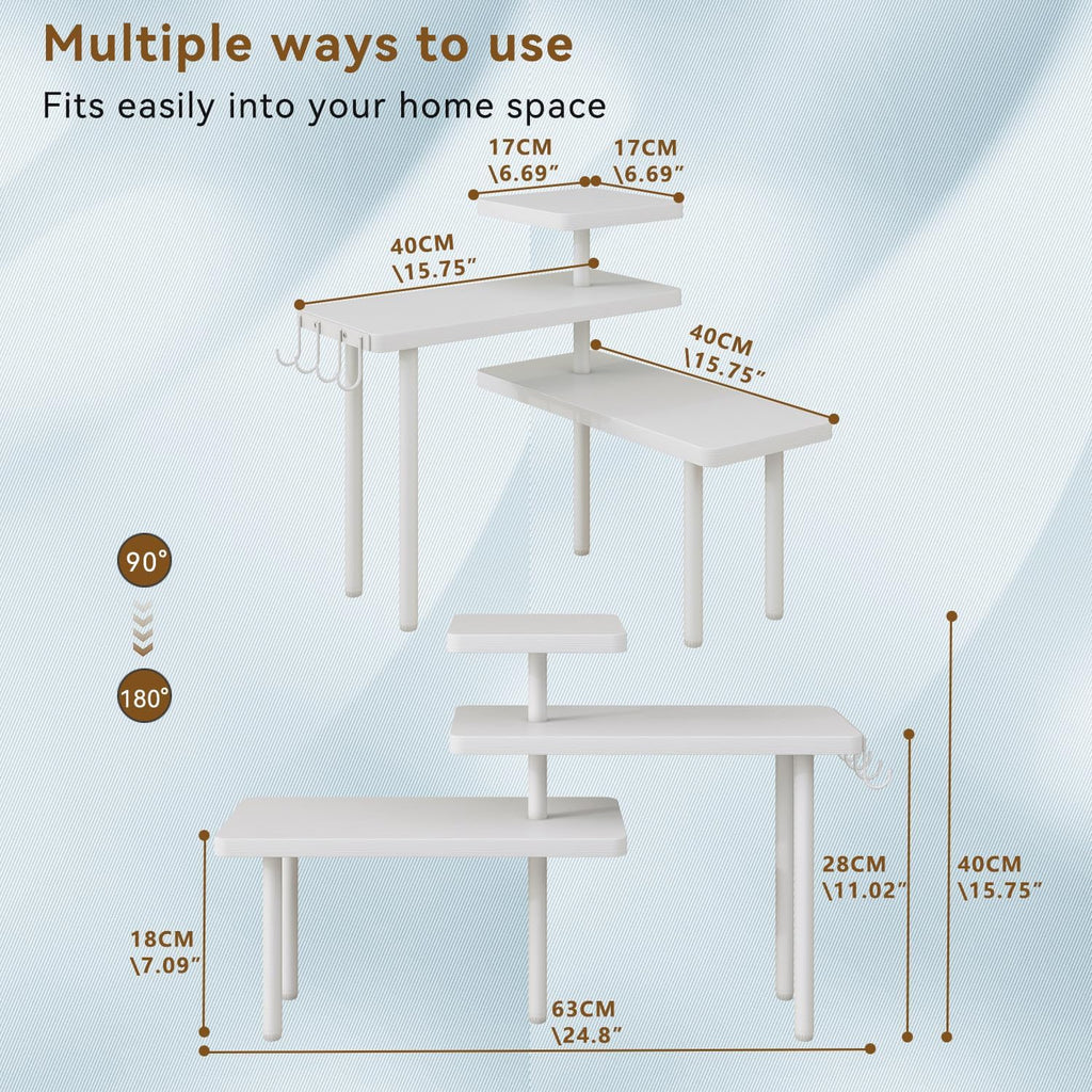 IBUYKE Countertop Organizer,3-Tier Spice Racks,Kitchen Counter Corner Shelf,4 Side Hooks,Adjustable Countertop Shelf for Kitchen, Bathroom, Coffee Bar, Cabinet, Desk,White,TLJ023W