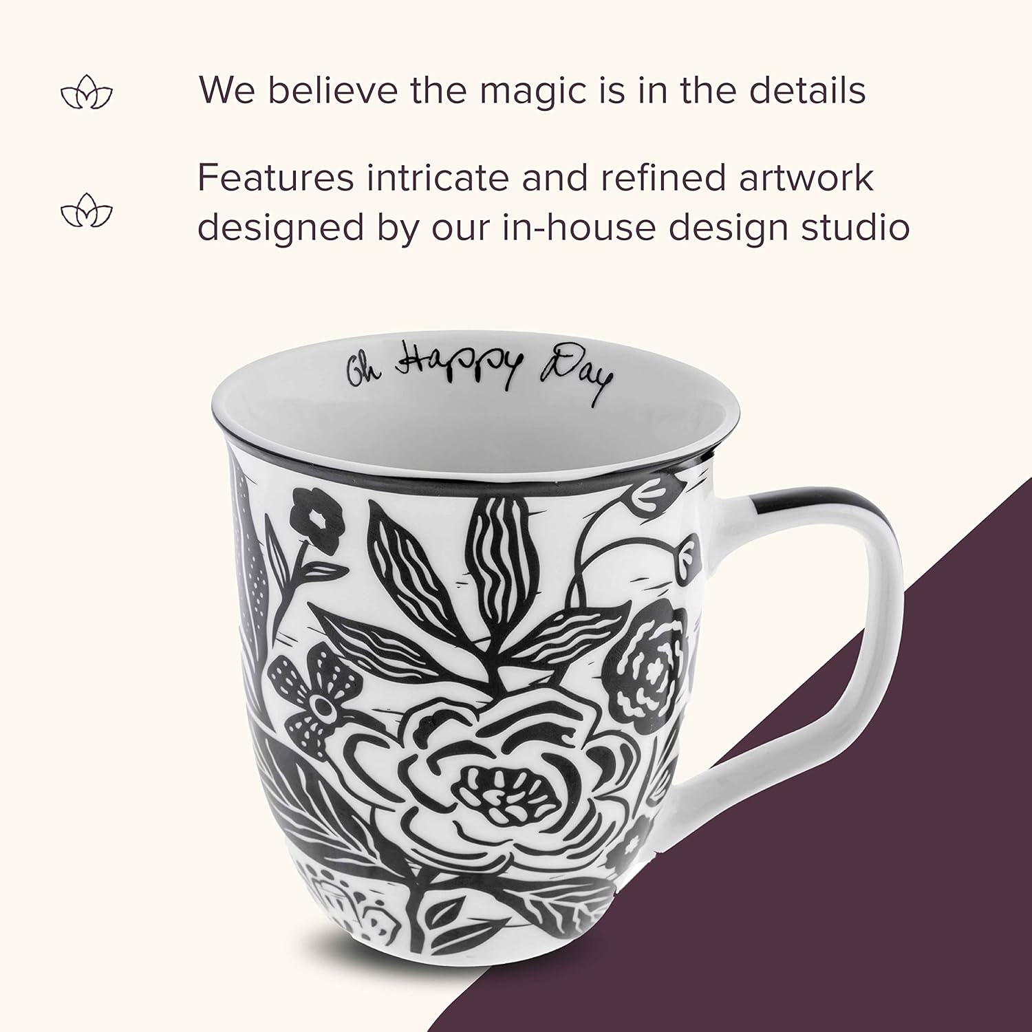 Karma Gifts 16 oz Black and White Boho Mug Floral - Cute Coffee and Tea Mug - Ceramic Coffee Mugs for Women and Men, 4.25" x 3.7"