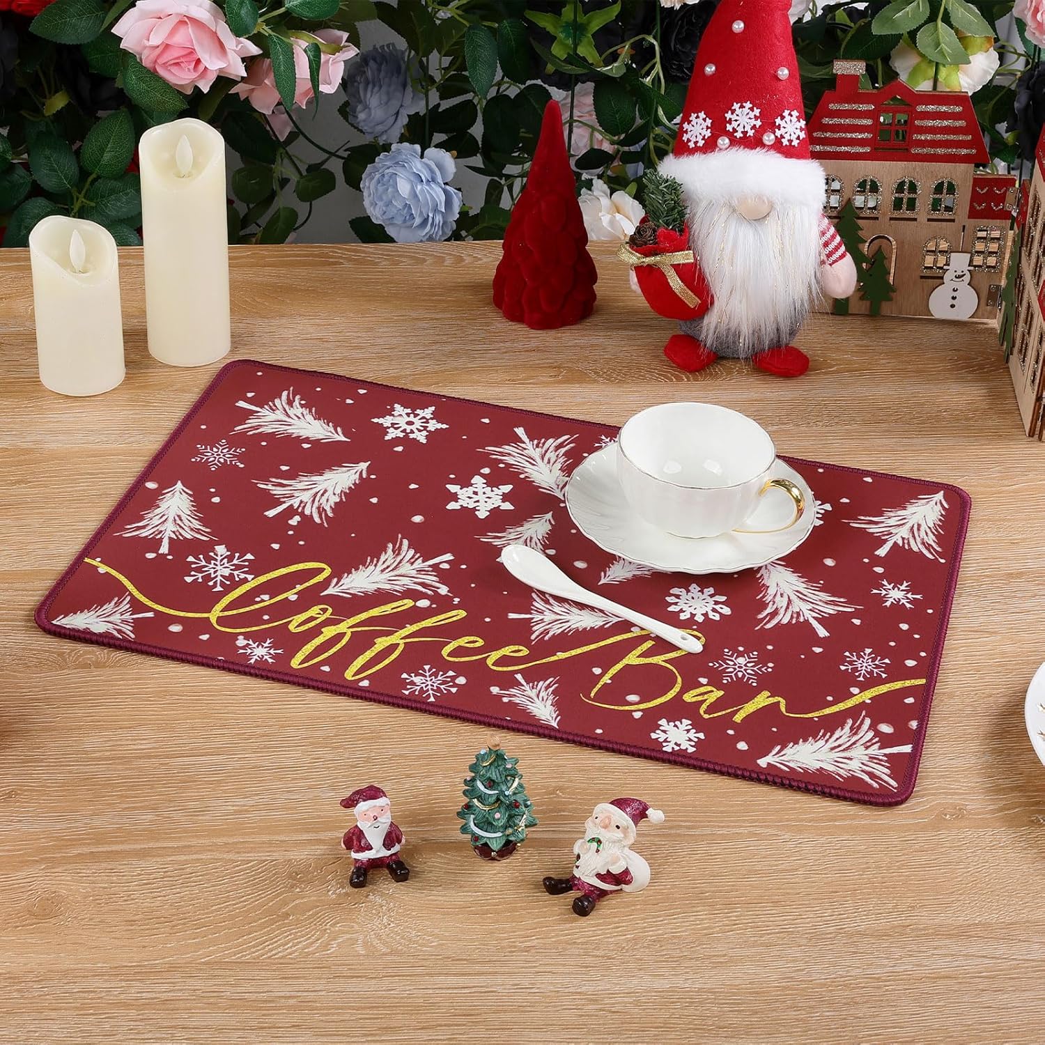 SHACOS Christmas Coffee Mat 2-Pack 12x19 Absorbent Non Slip Coffee Maker Mat for Countertop Accessories Heat Resistant, Christmas Red