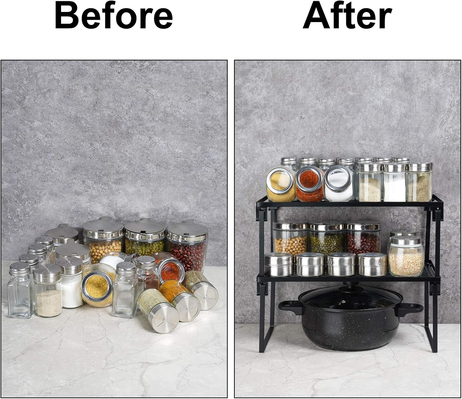 Tomorotec [2 Pack] Stackable Kitchen Storage Shelf Rack, Foldable Spice Rack Cabinet Organization Storage Shelves, Kitchen Shelves, Kitchen Counter & Cabinet Shelf Organizer,