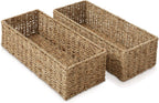 Casafield Set of 2 Bathroom Storage Baskets, Natural - Seagrass, 16" W x 6.75" D x 4.25" H, Woven Toilet Tank Topper Bins for Organizing Tissues, Toilet Paper, Toiletries, Shelves