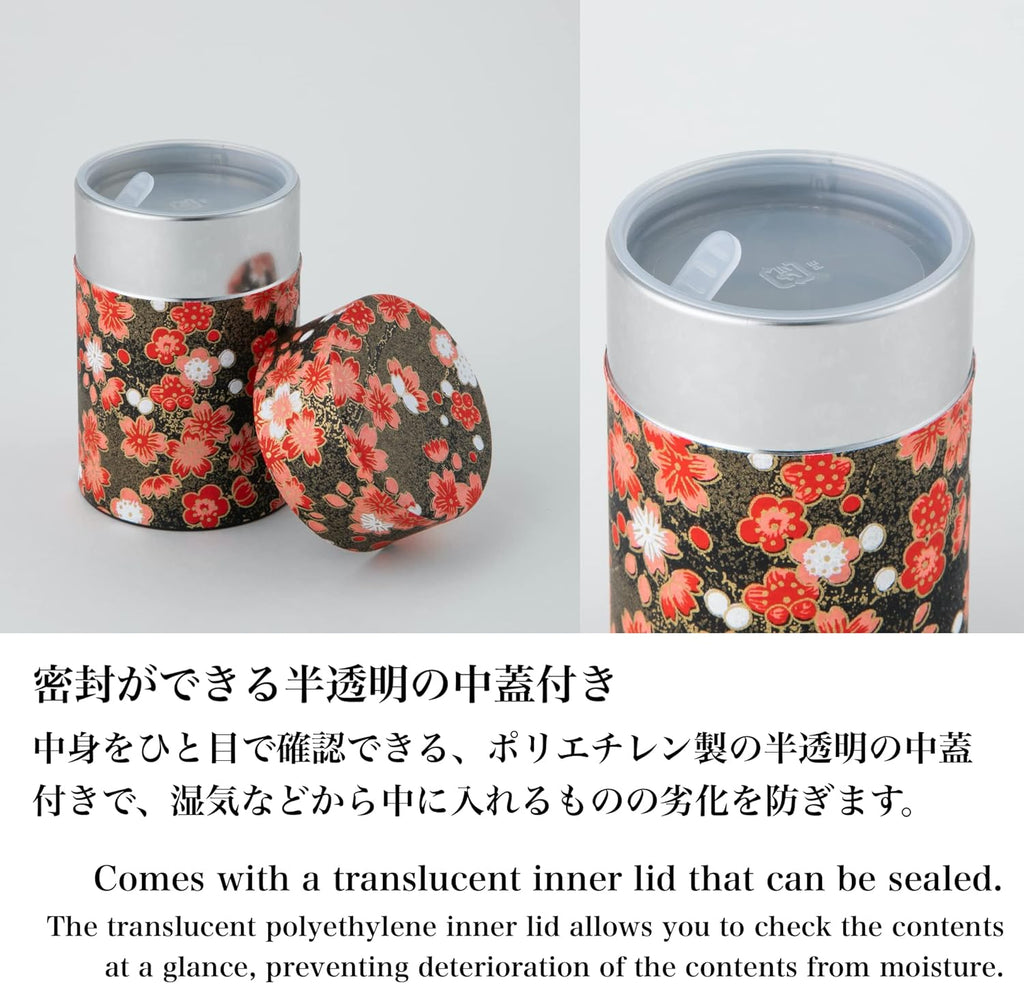 NOREN Japanese Tea Canister Tin (Yuzen Washi Paper), 3.5oz Size Made in JAPAN with Includes Inner Lid of Airtight Damp-Proof/Kitchen Jar for Loose Leaf Coffee Tea Spice and More (Plum/Black)