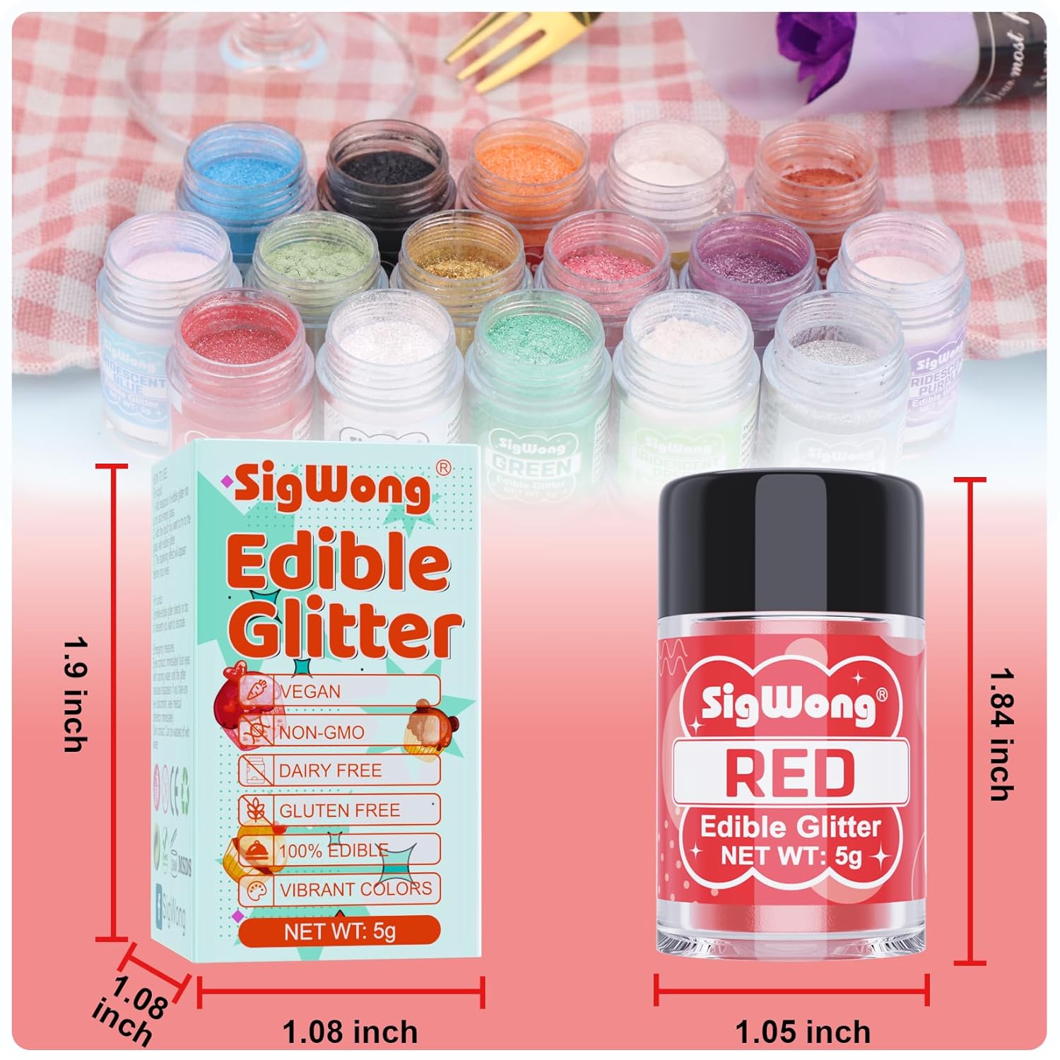 Red Edible Glitter - 5g Food Grade Cake Decorating Shimmering Glitter, Edible Sprinkle Luster Dust for Drinks, Chocolates, Fondant, Strawberries, Cupcakes, Candy, Cookie - Vegan