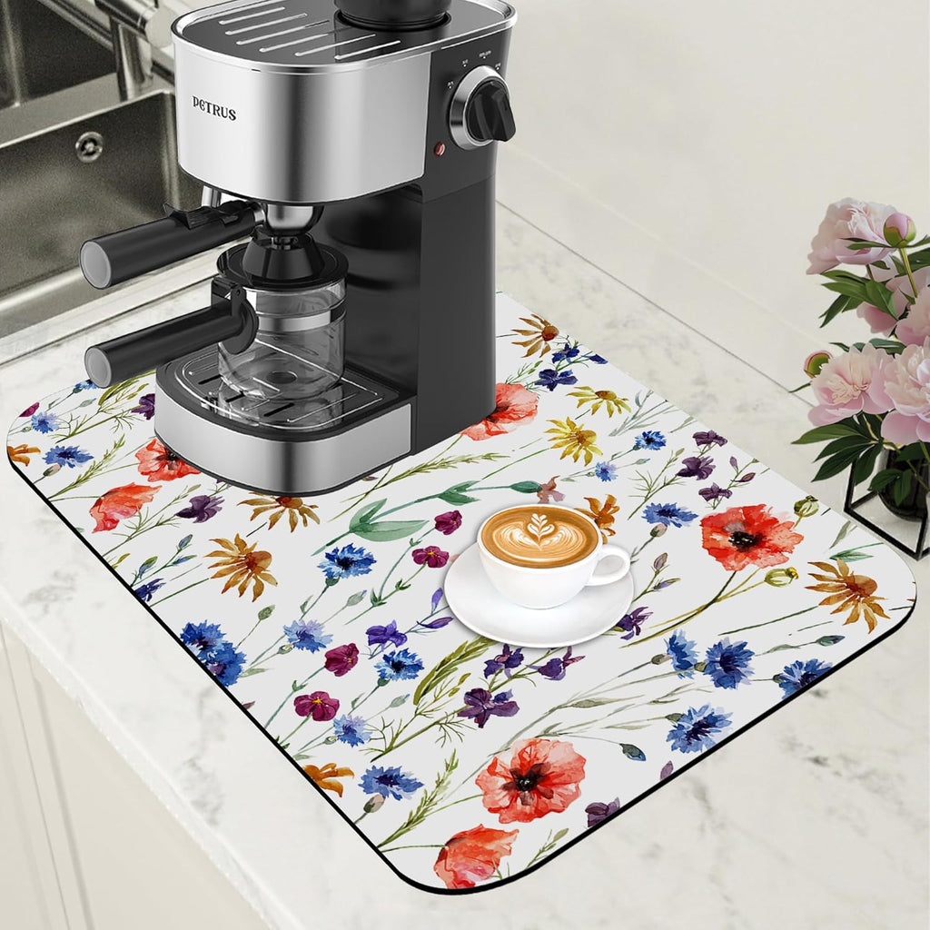Watercolor Flowers Coffee Mat Daisy Dish Drying Mat for Kitchen Counter Absorbent Hide Stain Rubber Backed Coffee Bar Accessories Fit Under Espresso Machine Dish Drainer 11.8 x 19.7 Inch