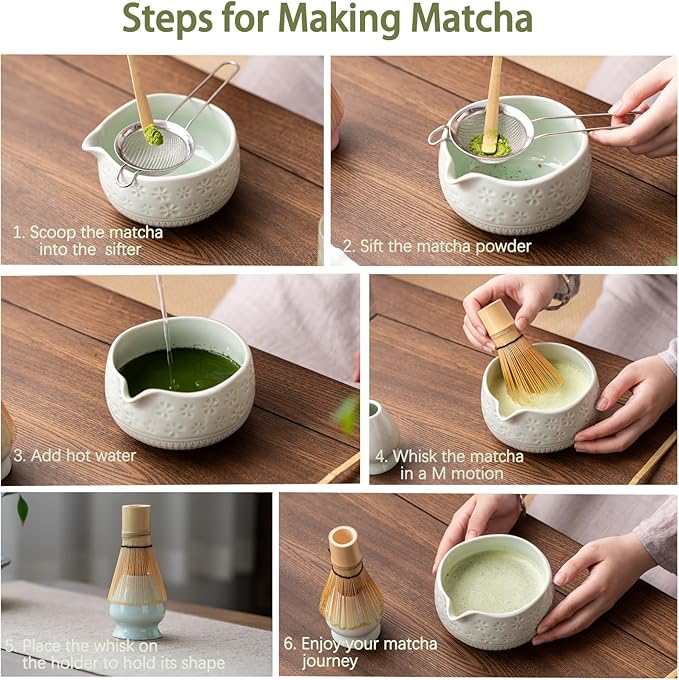 Matcha Whisk Set, Ceramic Matcha Kit Set Includes Matcha Bowl, Matcha Whisk and Holder, Bamboo Scoop, Scoop Rest, Sifter and Tea Towel - 7 Pcs Matcha Kit for Matcha Lovers (Mint)