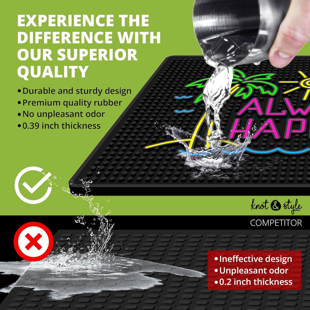 Premium Quality Always Happy Hour Bar Mat, Tiki Bar Mat for Bartending 18x12, Outdoor Tiki Bar Decor, Durable Bar Mats for Countertop, Drying Mat for Home Bar, Perfect Home Bar Accessories Xmas Gift