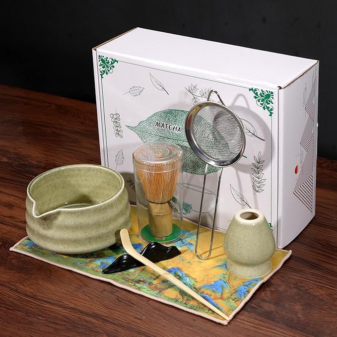 7 Pcs Matcha Whisk Set, Matcha Bowl with Spout, Matcha Whisk and Holder, Bamboo Scoop with Holder, Stainless Sifter and Tea Towel, Japanese Matcha Ceremony Set for Authentic Tea Powder & Home Rituals