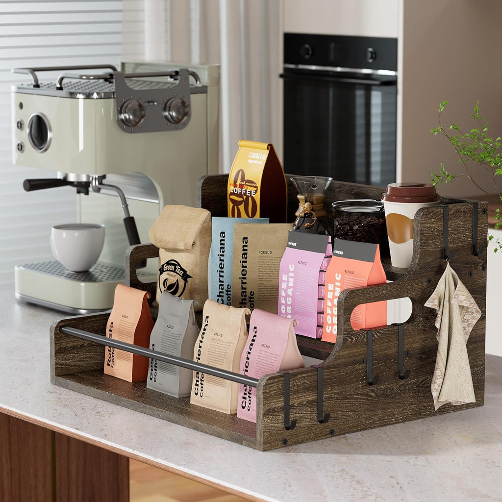 3-Tier Liquor Bottle Display Shelf, Bar Stand for Whiskey, Spirits, Coffee Syrup Rack Organizer, Countertop Wine Rack for Home, Mini Coffee Bar, Small Liquor Cabinet and Kitchen Dark Brown