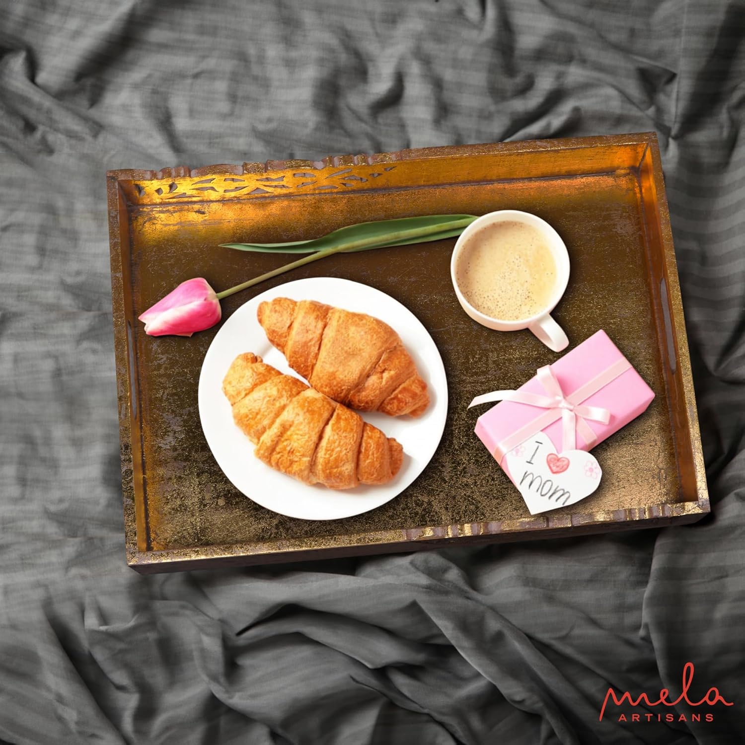 Coffee Table Tray (Distressed Gold) - “Flourish” Wood Serving Tray w/Handles for Breakfast in Bed - Mango Wood Decorative Tray w/Felt Pads - Medium Size Tray - 16” x 12” x 2.5”