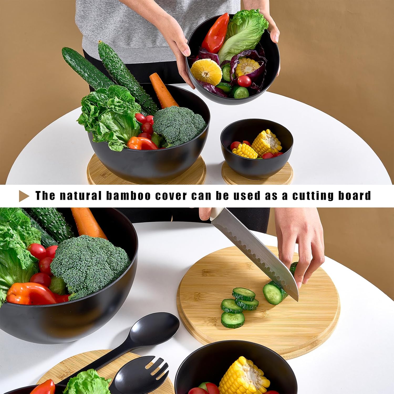 Large Salad Bowls with Bamboo Lids Set of 3, Mixing Nesting Bowls Round Serving Bowls with Servers for Salads, Kitchen Eating, Pastas, Popcorn, Chips, Trifle, Fruit, Food Prepare (Black,10",8",6" )