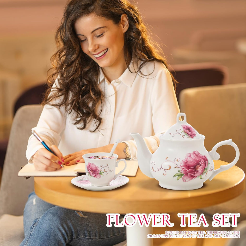 20-Pieces Tea Set For Adult with Golden Metal Rack,Porcelain Tea Sets For Women,Tea Gift Sets for Home&Party(015)