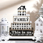 Farmhouse Wooden Tabletop Decor Rustic Home Sweet Home Table Centerpieces This Is Us Block Sign Black and White Buffalo Plaid Table Decor for Kitchen Shelf Desk Mantel Tiered Tray Decoration