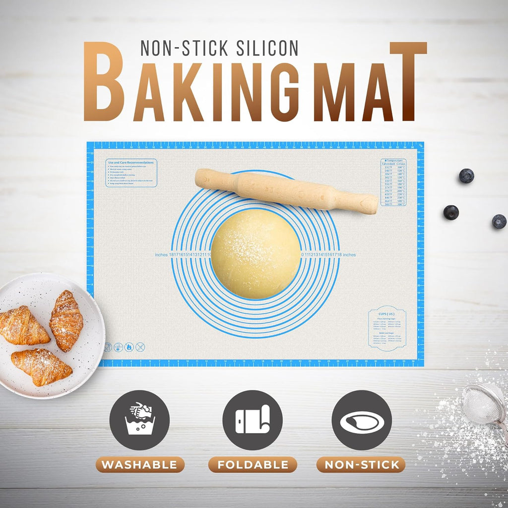 36 * 24 inches Blue, Non-Slip Silicone Baking Sheets - Baking Mat with 0.7mm Thickness - Non-Stick Pastry & Cookie Mat for Kitchen Counter for Rolling Out Dough with Measurements.