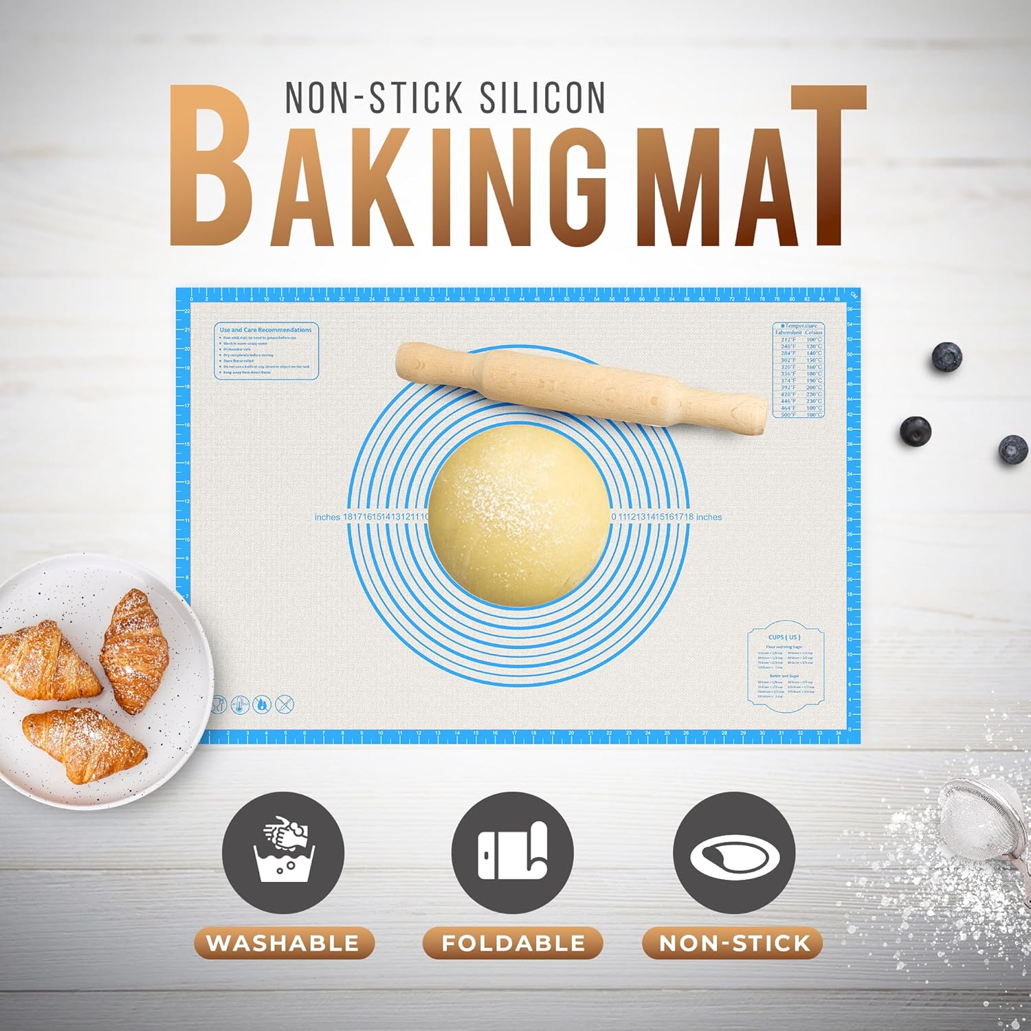 36 * 24 inches Blue, Non-Slip Silicone Baking Sheets - Baking Mat with 0.7mm Thickness - Non-Stick Pastry & Cookie Mat for Kitchen Counter for Rolling Out Dough with Measurements.