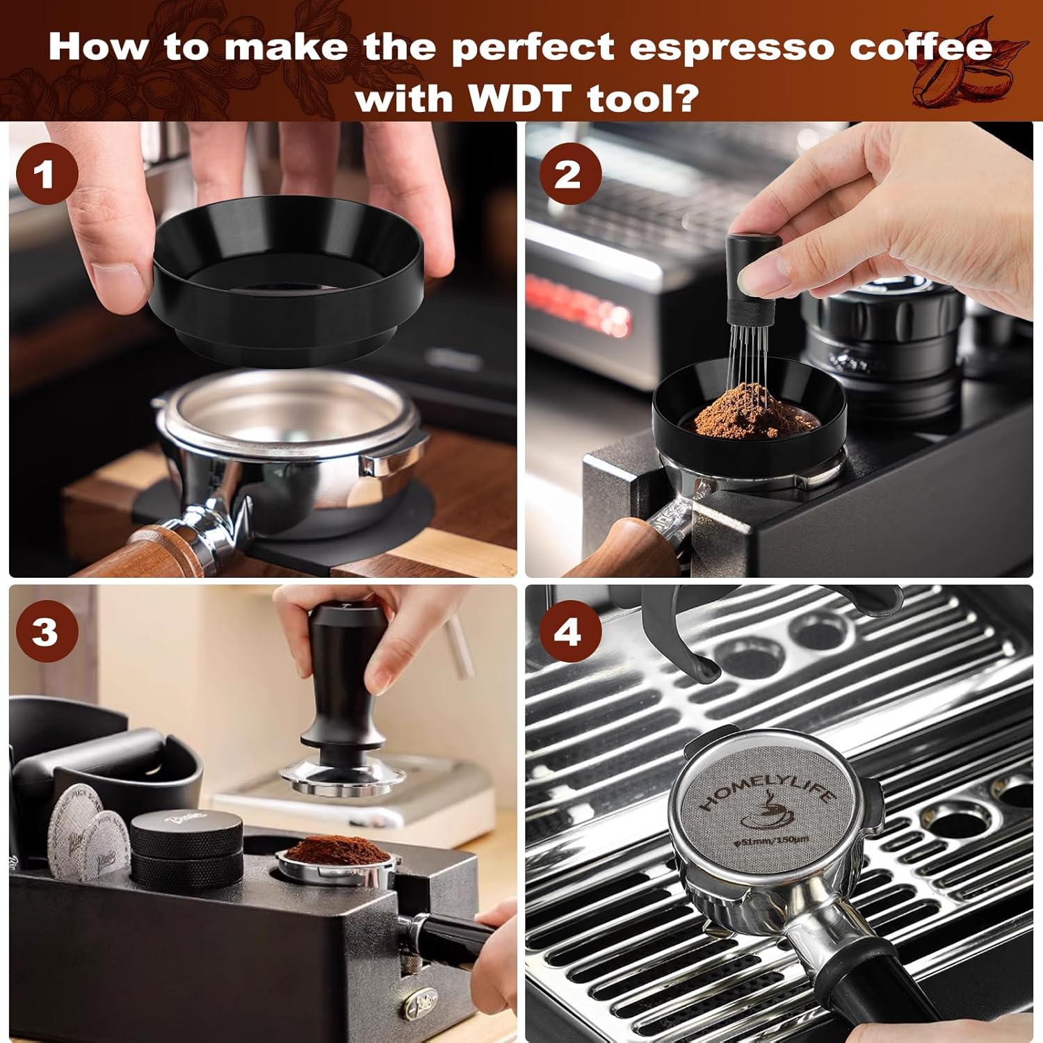 WDT Tools Espresso Puck Screen, 51mm Espresso Accessories Kit - 150μm Puck Screen Set, 0.25mm 316 Stainless Steel 8 Needles Coffee Distribution Stirrer, Portafilter Dosing Ring for Barista Black