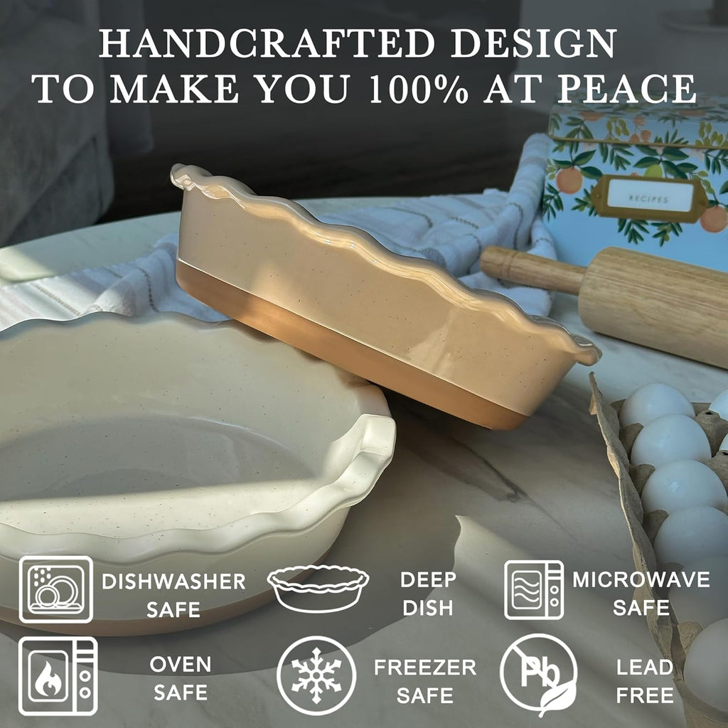 Mora Modern Farmhouse Style Ceramic Pie Pan - Deep and Fluted Dish - 9 Inch - Baking Pies: Apple, Quiche, Pot Pies, Tart