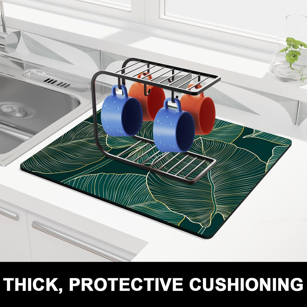 Rnivvi Dish Drying Mat for Kitchen Counter, 16 x 18" Boho Theme Absorbent Heat Resistant Drying Pad with Non-slip Rubber, Coffee Bar Mats for Dish Rack Kitchen Decor Accessories, Tropical Palm