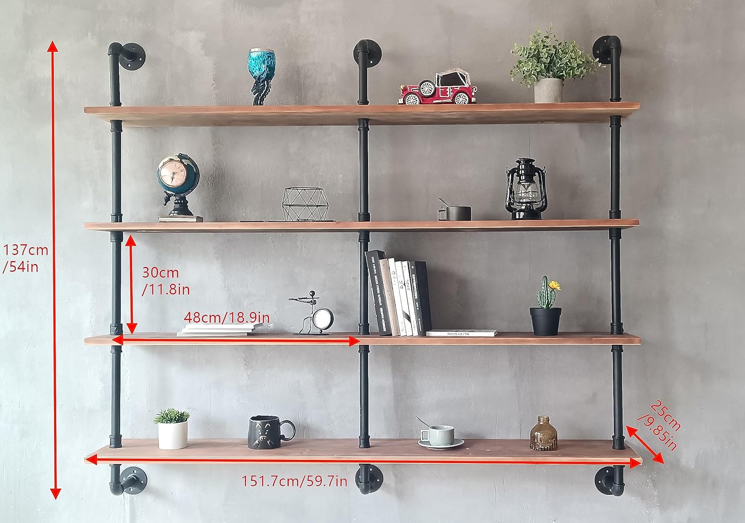 Floating Shelves for Wall Bookshelf Industrial Pipe Shelving Shelves 60 Inch Natural Wood Planks Rustic Wall Shelves Hanging Bookshelves Farmhouse Kitchen Shelving