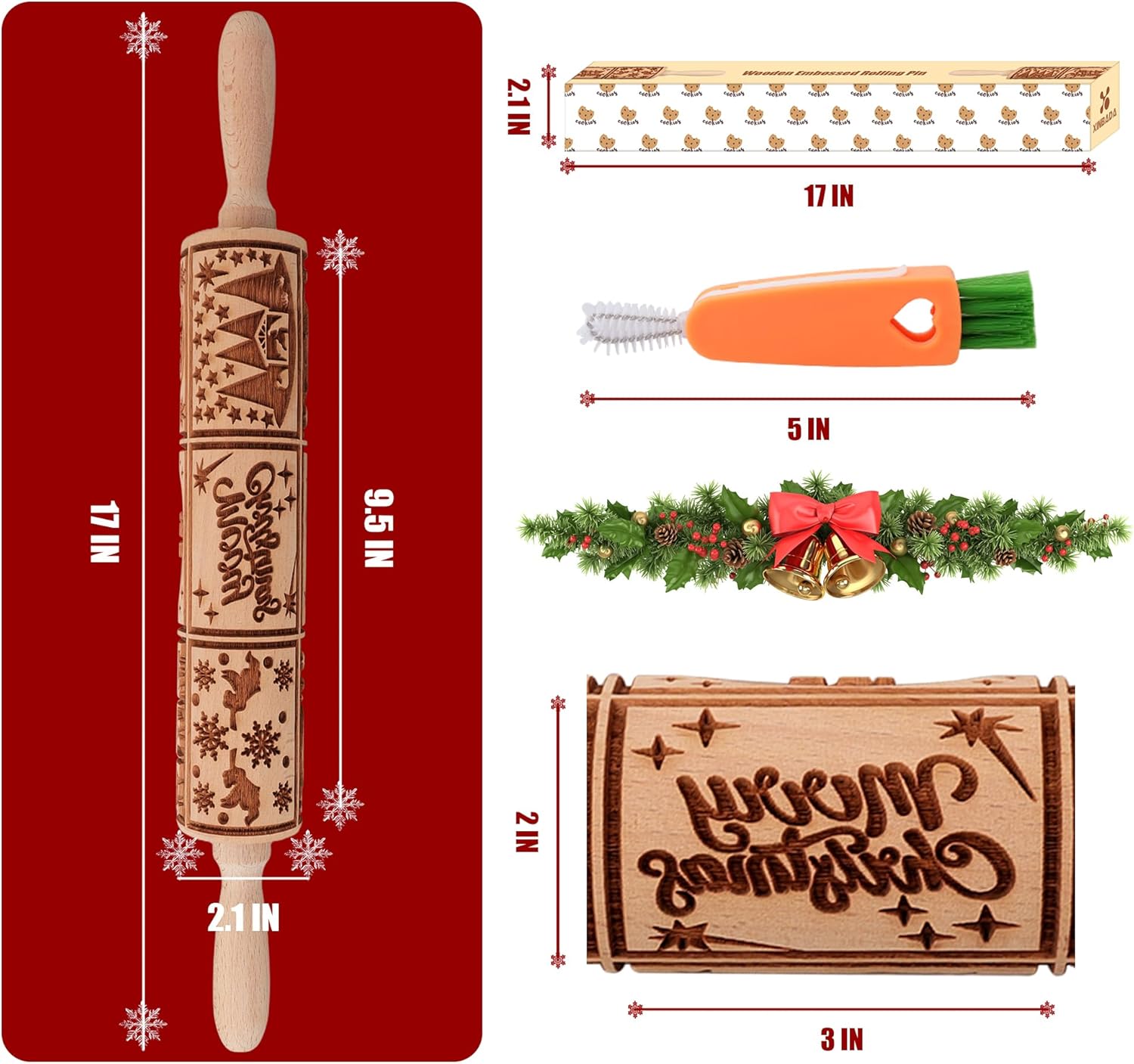 17" Premium Wood Rolling Pin with Nativity Embossed Designs | 3mm Deep Springerle Cookie Molds | Christmas Rolling Pin & Baking Gifts for Women | Includes 3-in-1 Cleaning Brush ﻿