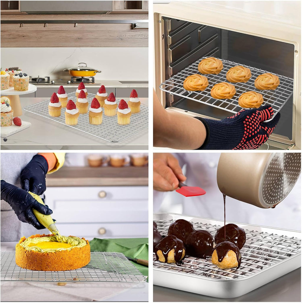 TeamFar Cooling Rack Set of 4, Stainless Steel Grid Cooking Roasting Racks for Various Size Baking Sheet Toaster Oven Pan, Healthy & Heavy Duty, Mirror Finish & Dishwasher Safe