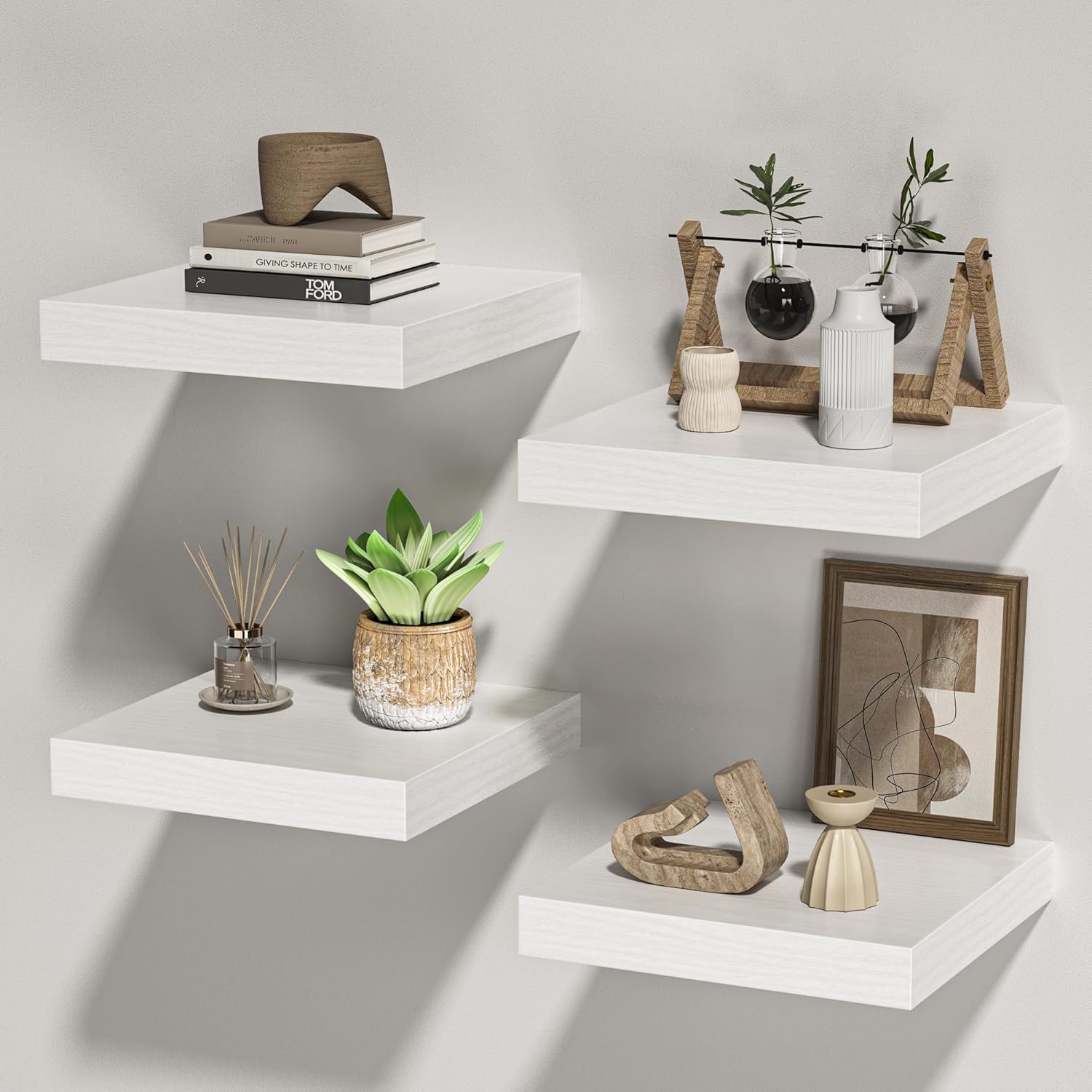 Square Floating Shelves for Wall, 10" W x 10" D x 1.2" H, Small Wooden Wall Mounted Display Shelves with Invisible Brackets for Living Room, Bedroom, Bathroom, Kitchen Decor, Set of 4, White