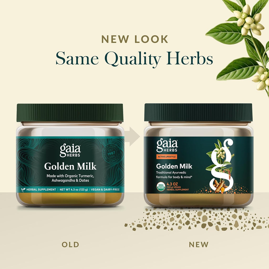 Gaia Herbs Golden Milk Supplement Powder - Made with Organic Turmeric Curcumin, Black Pepper, Ashwagandha, Dates, Cardamom, and Vanilla for an Ayurvedic Cup of Natural Calm - 4.3 Oz (35-Day Supply)