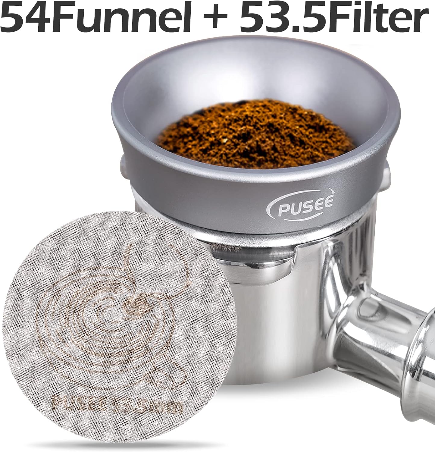 54mm Espresso Dosing Funnel & 53.5mm Puck Screen,PUSEE Coffee Dosing Ring Aluminum Metal,Reusable 1.7mm Thickness 150μm Espresso Puck Screen 316 Stainless Steel Fits 54mm Portafilter