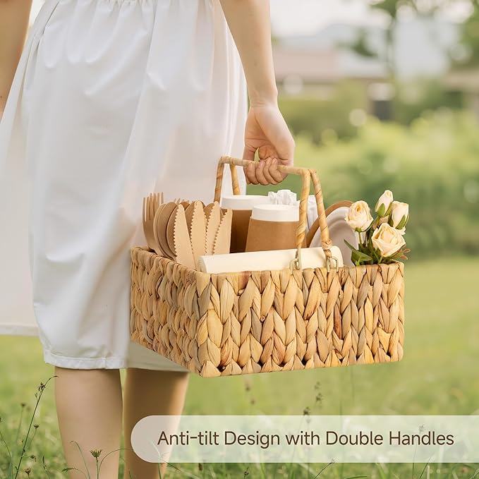 StorageWorks Wicker Silverware Organizer with Handle, Water Hyacinth Kitchen Utensil Holder, Large Utensil Holder for Kitchen Counter, Spoon Forks Cutlery Caddy, Paper Plate Dispenser for Countertop