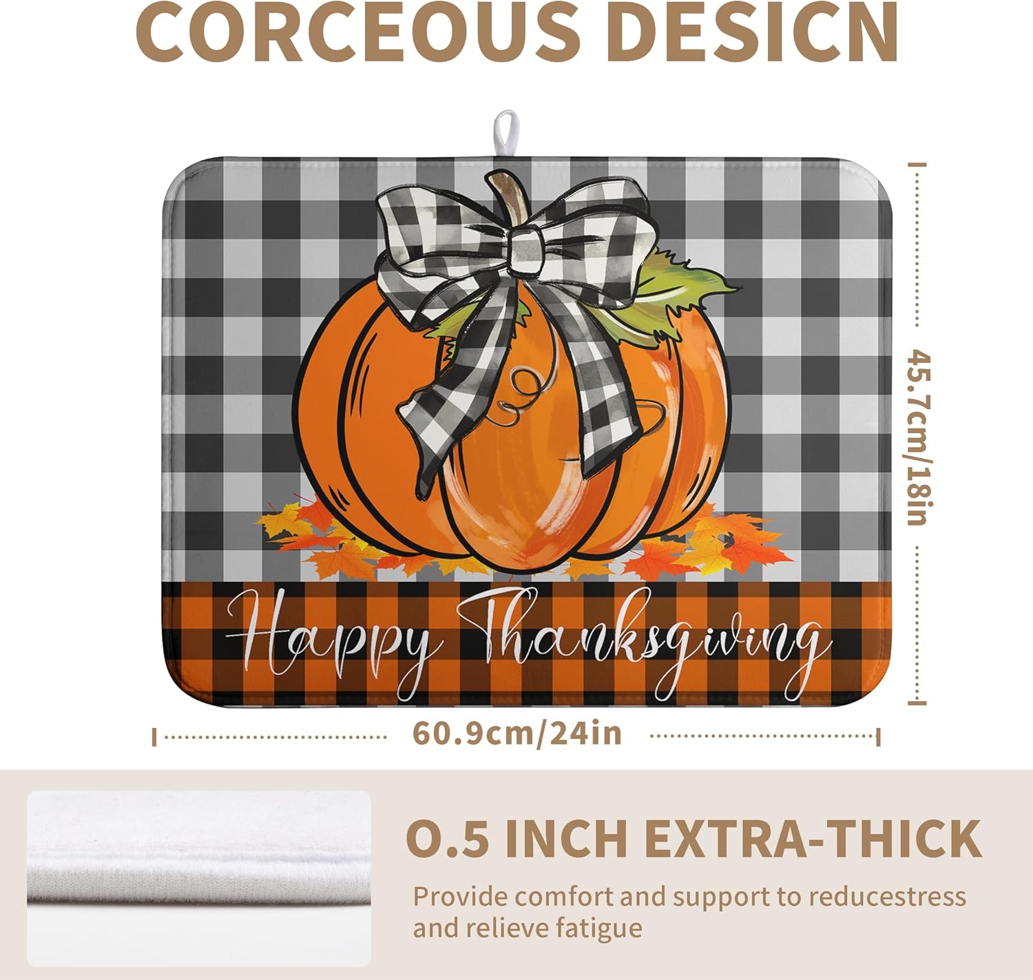 Fall Pumpkin Dish Drying Mats Thanksgiving Kitchen Drying Mat Buffalo Plaid Microfiber Large Dish Dryer Pad Maple Leaves Absorbent Dishes Drain Matt XL Washable Foldable(18x24 in)