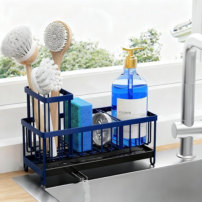 Cisily Sponge Holder Sponge Holder for Kitchen Sink, Sink Caddy Organizer with High Brush Holder, Kitchen Countertop Navy Blue Accessories and Decor