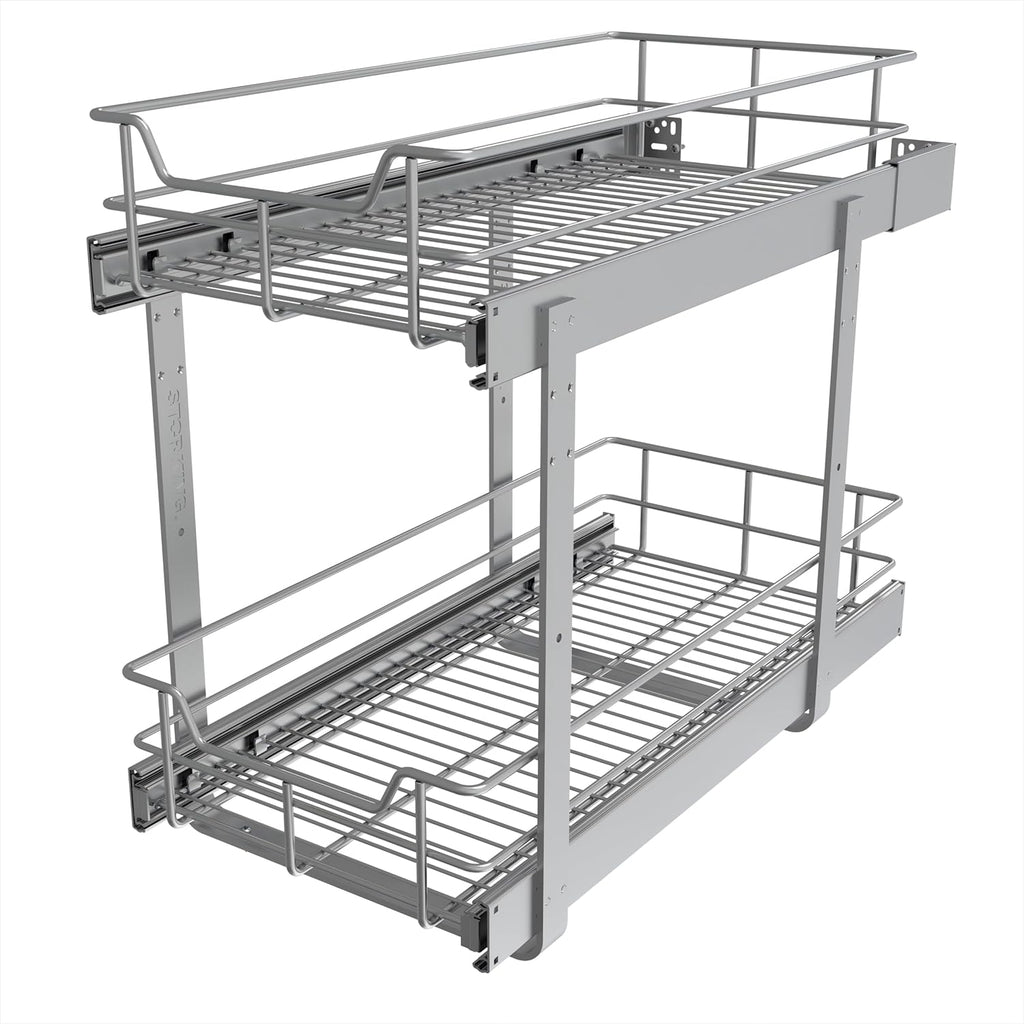 2 Tier Pull Out Cabinet Organizer 11" W X 22" D, Slide Out Drawers For Kitchen Cabinets, Pull Out Drawers For Cabinets Capacity Heavy Duty Caddy, Cabinet Pullout Shelves Chrome-Plated, Bathroom Pantry