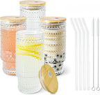 4 Pcs 16 oz Glasses Cups Set with Bamboo Lids Straws Brush Hobnail Glassware Set for Juice Iced Coffee Beer and Cocktail Whiskey