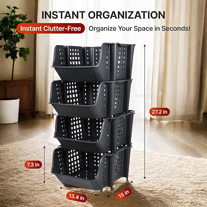 Skywin TidyFriend Plastic Stackable Storage Bins, 4 Pack Extra Large Open Front Bins for Toy, Pantry, Kitchen, and Bathroom Organization (Dark Grey)