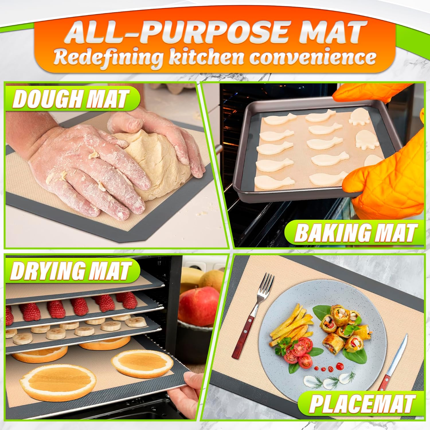 3 Pcs Silicone Baking Mat - Non-Stick Silicone Baking Mats Cookie Sheet with Reinforced Edges, Dishwasher Safe, Heat-Resistant - Uniform Heating & Easy Baking for Macarons, Cookie Dough, Roasts, Pizza