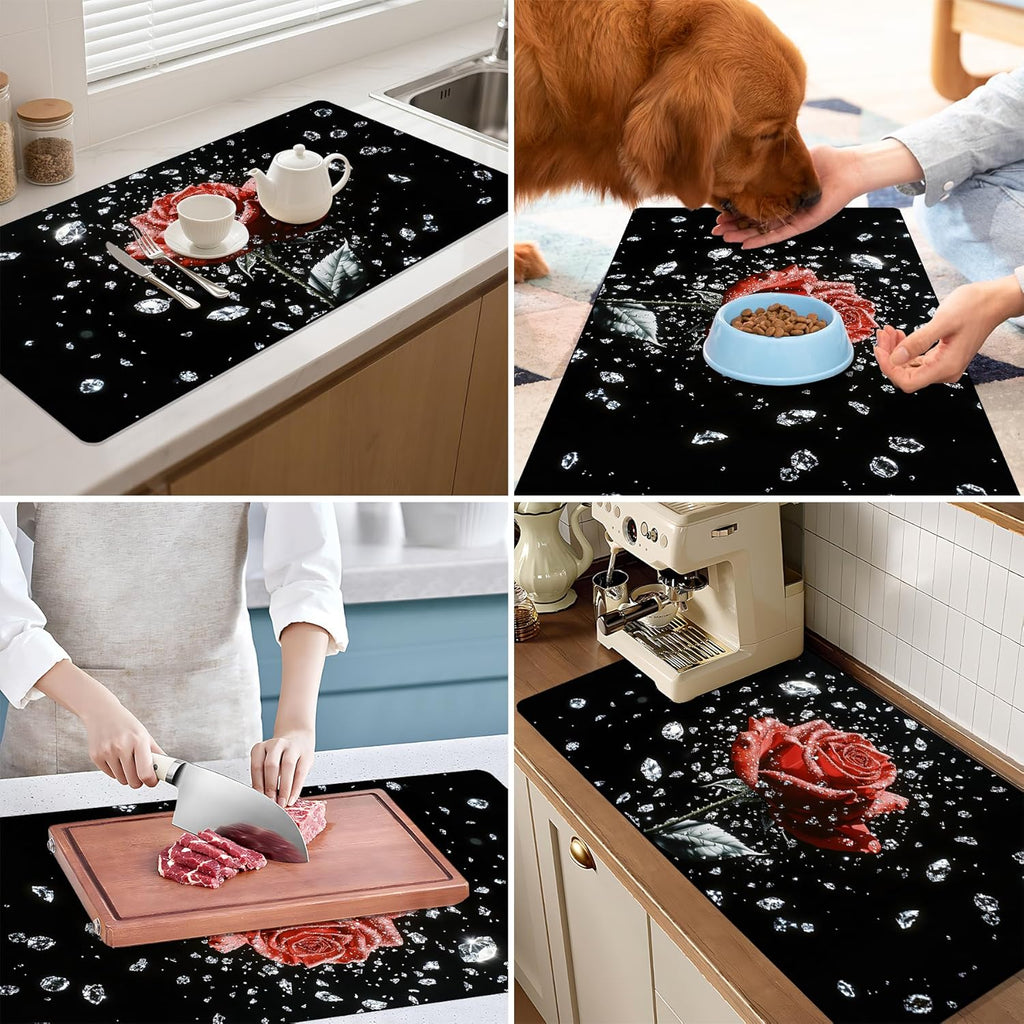 17"x 32" Coffee Bar Mat, Red Rose Absorbent Dish Drying Mat Cuttable Hide Stain Draining Table Pad for Kitchen Counter, Coffee Bar Accessories