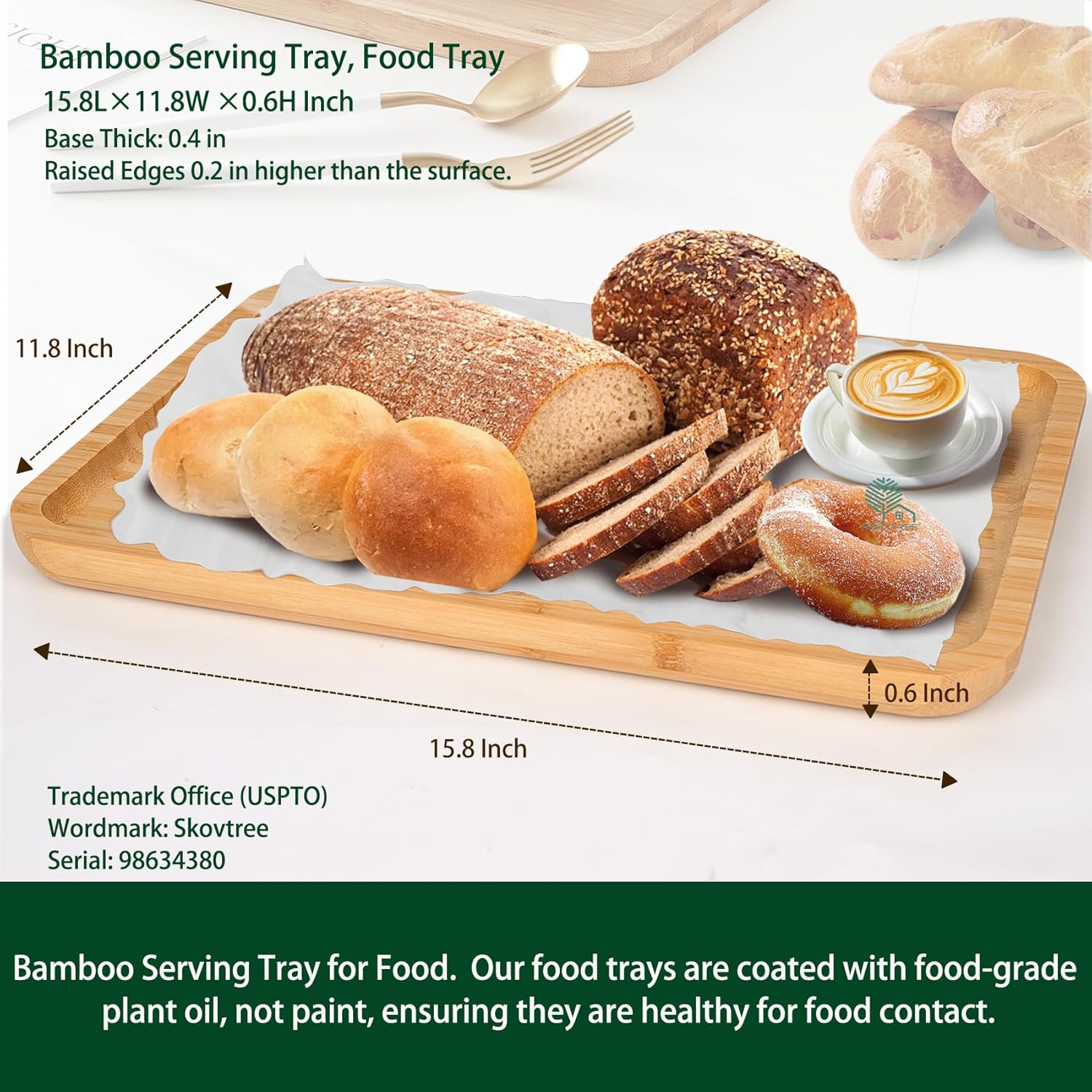 Bamboo Serving Tray, Food Tray for Eating and Serving Coffee, Tea, 15.8x11.8 Inch