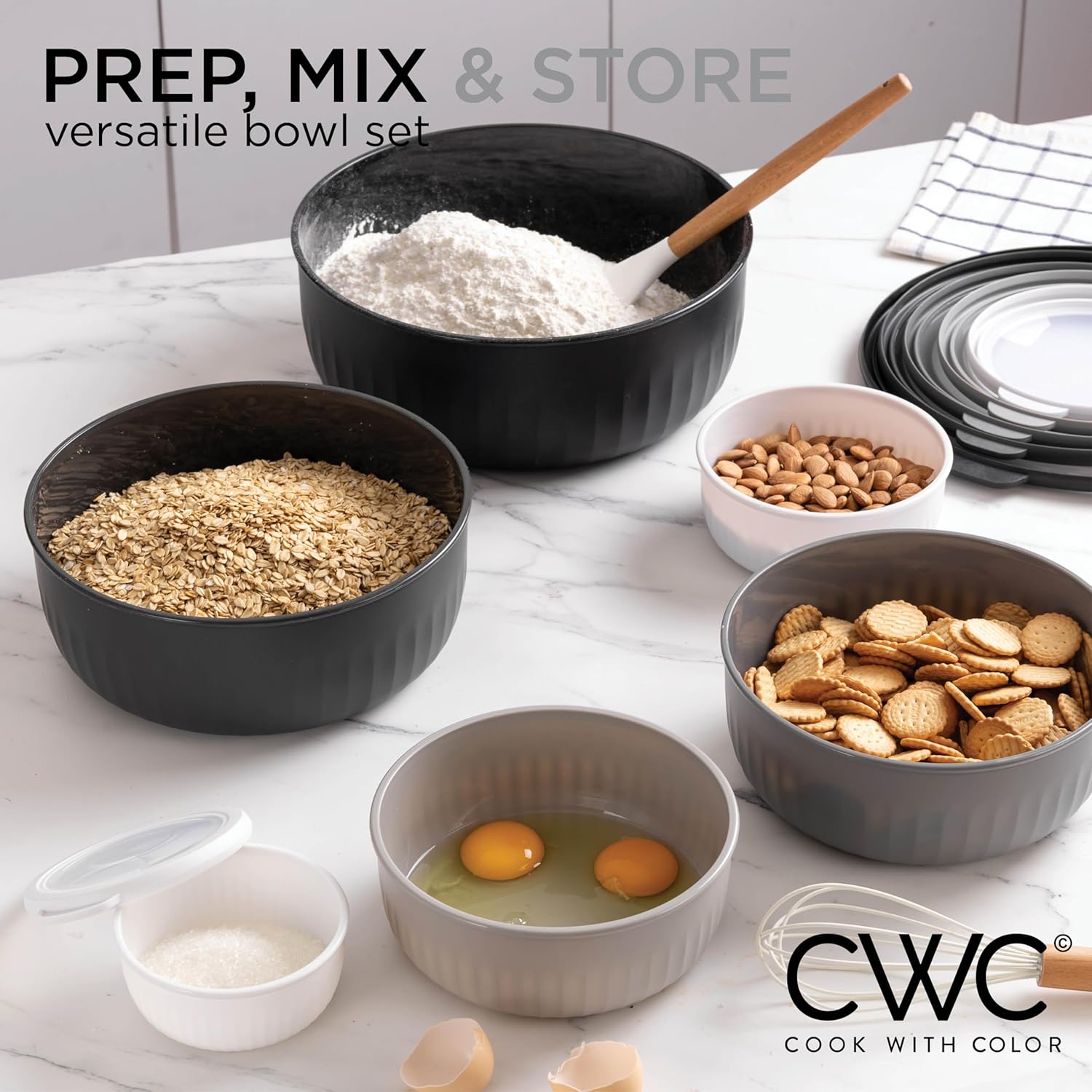 COOK WITH COLOR Prep Bowls with Lids- Wide and Deep Nesting Plastic Small Mixing Bowl Set with Lids, 12 Piece Set - Wide Bowls, Black/White