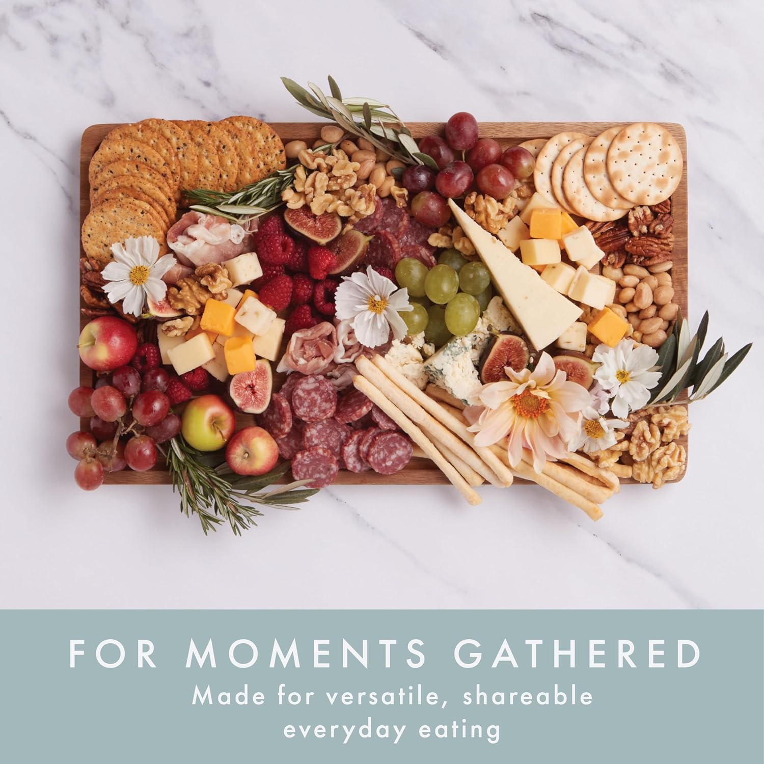 Charcuterie Board - Acacia Cheese Board with Grooves & Built-in Handles, Snack Tray for Vegetables, Fruits, Meat, Nuts - Decorative Wooden Serving Tray for Kitchen House Warming Gift