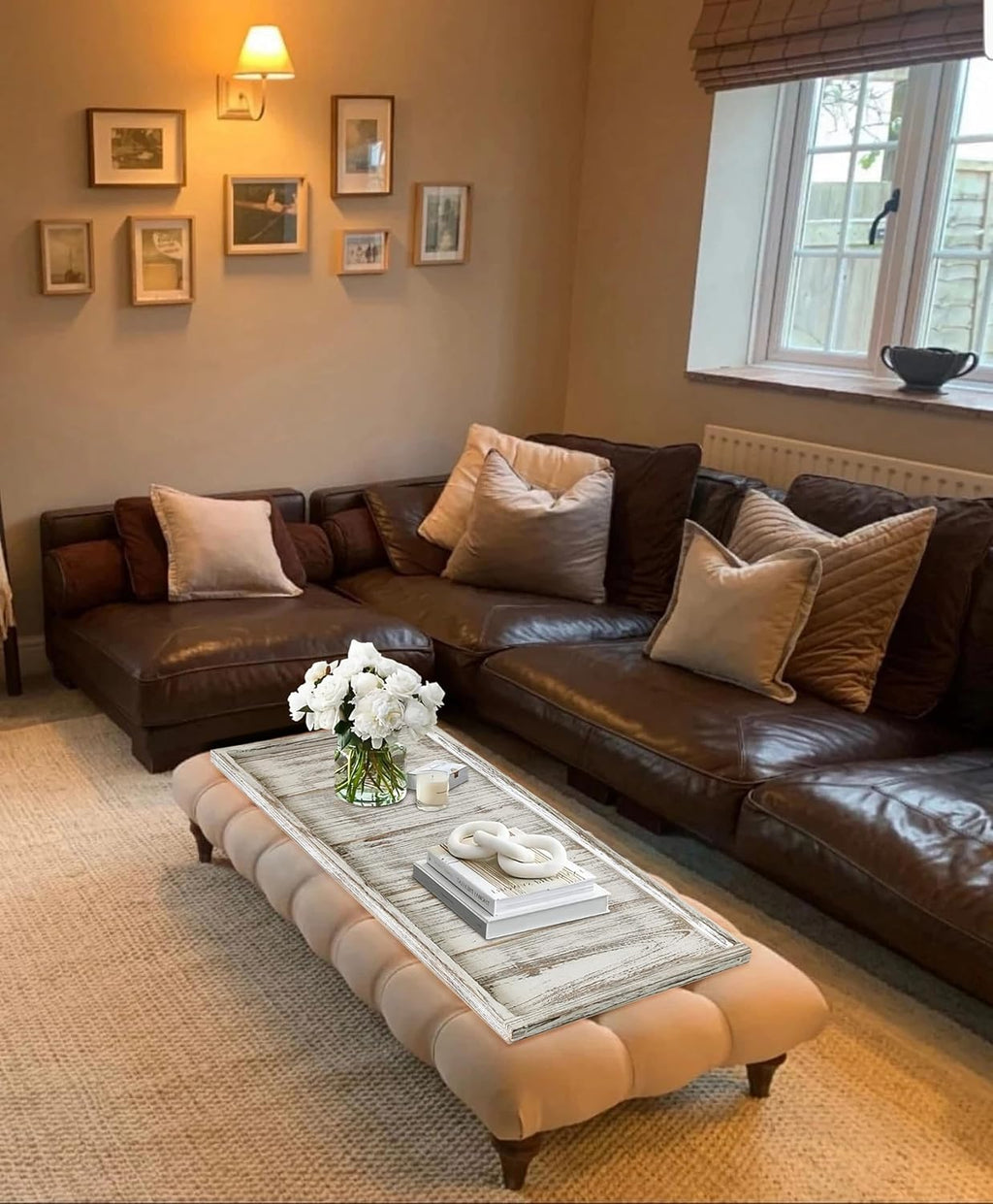 40"x20" Extra Large Long Rectangle Ottoman Table Tray - Rustic Wooden Serving Tray for Farmhouse Decorative Oversized Coffee Table Trays Living Room Kitchen Counter Breakfast White