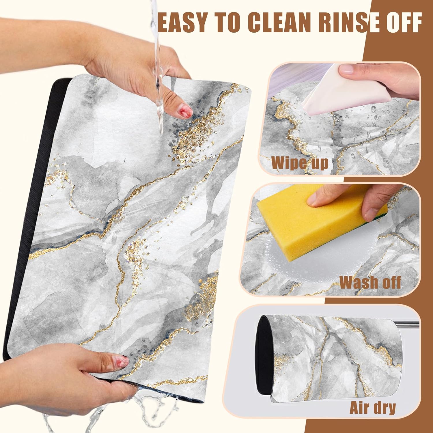 White and Gold Marble Dish Drying Mat for Kitchen Counter Absorbent Hide Stain Coffee Mat Rubber Backed Dish Drainer Rack Pad Espresso Machine Coffee Bar Accessories 15.7 x 23.6 Inch