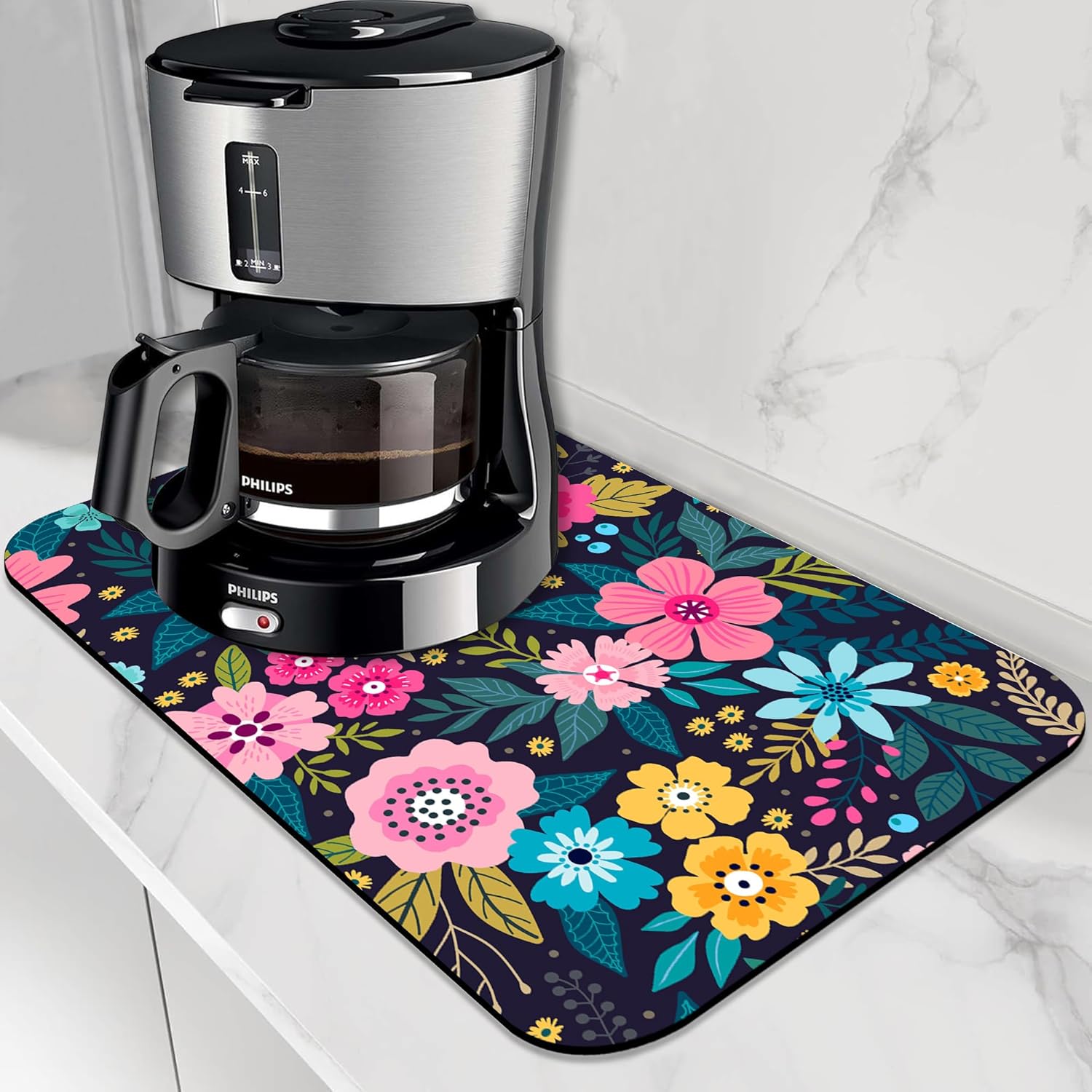 Dish Drying Mat Bright Colorful Flowers Leaves Coffee Mat,16"X24" Bsorbent Dish Drying Pad for Sink Dishes or Under Rack Kitchen Counter Accessories Absorbent Hide Backed Drying Mat