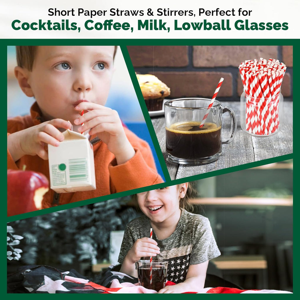 [500 Counts] Chunspak 5.75 inch Disposable Red White Striped Small Paper Straws for Cocktail, Coffee and Short Drinks - Eco-friendly
