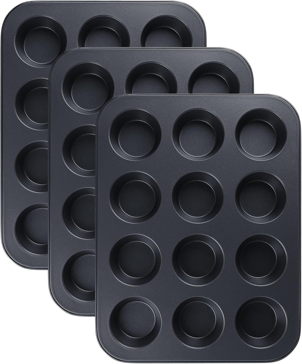 Muffin-Pan for Baking, Nonstick Cake Pan 12 Cups, 3 Pack Cup Premium Cheesecake Pans, Cupcake Baking Pan for Oven 13.2 * 10 * 1.1in Black