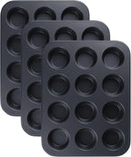 Muffin-Pan for Baking, Nonstick Cake Pan 12 Cups, 3 Pack Cup Premium Cheesecake Pans, Cupcake Baking Pan for Oven 13.2 * 10 * 1.1in Black