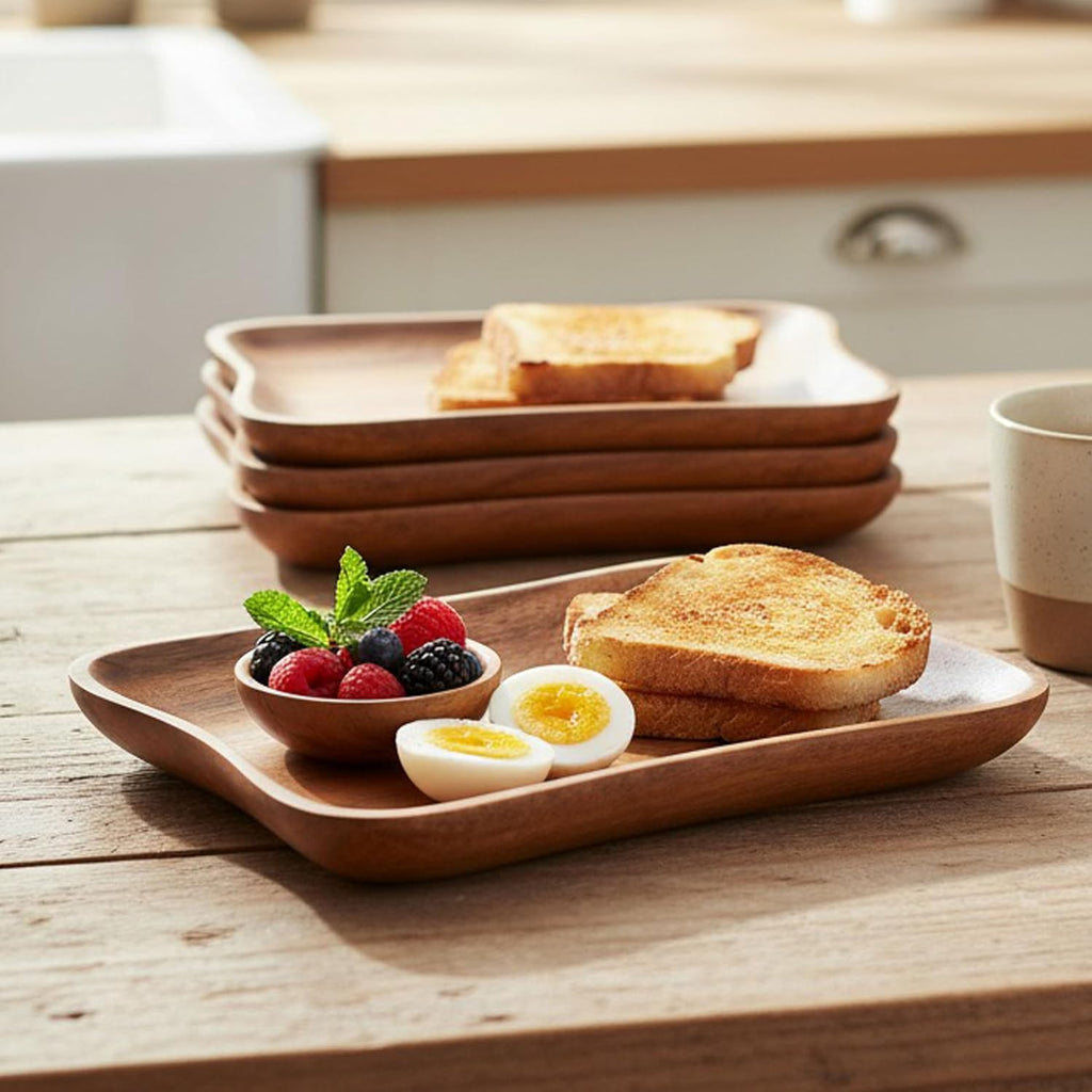 Woodard & Charles Set of 4 Acacia Wood Pinched Tray for Charcutreie, Sushi, Dessert, Sandwiches and More, 9.5" x 6" x 0.75"