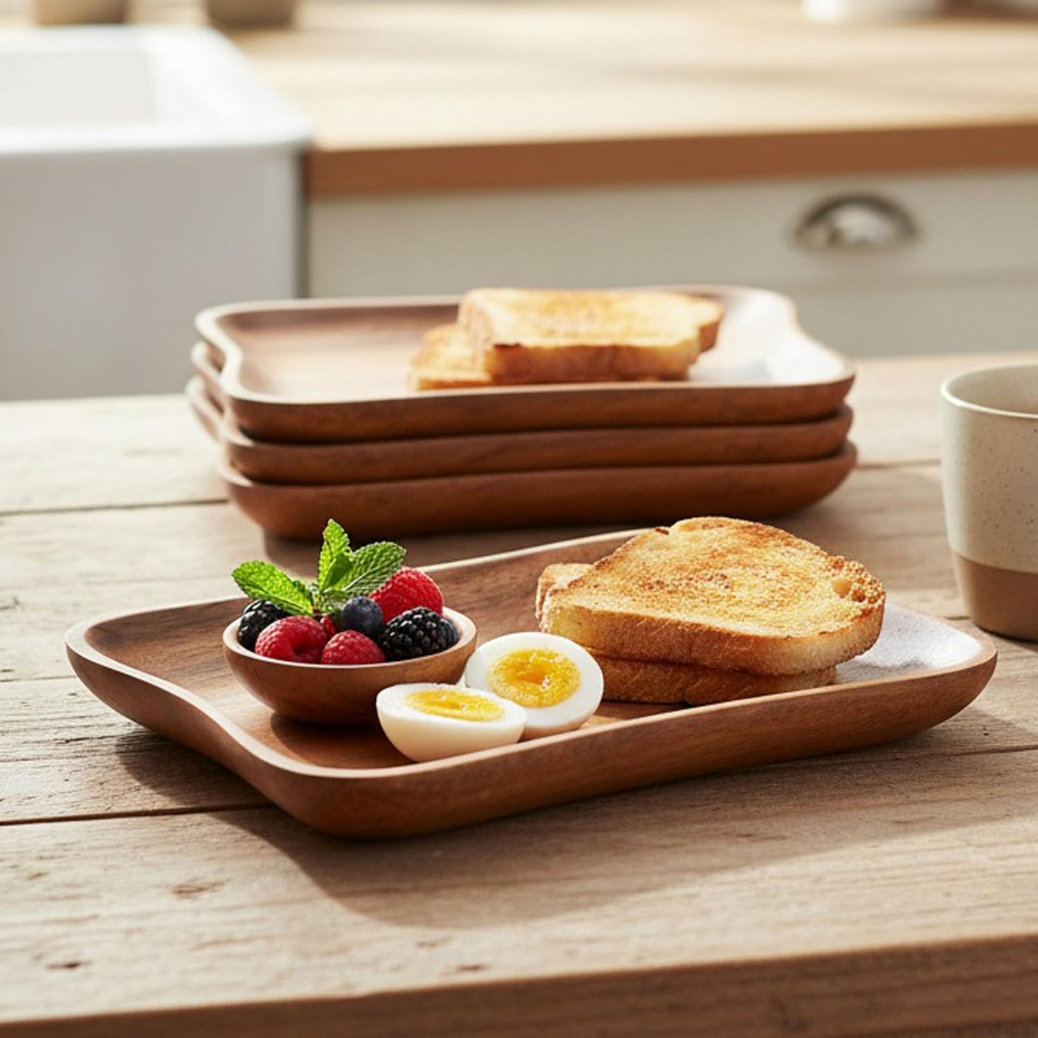 Woodard & Charles Set of 4 Acacia Wood Pinched Tray for Charcutreie, Sushi, Dessert, Sandwiches and More, 9.5" x 6" x 0.75"